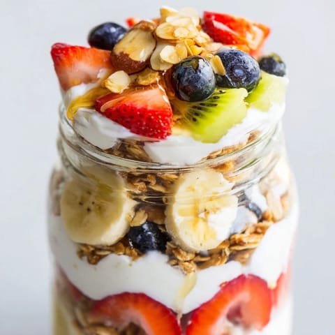 Enjoy a colorful Layered Yogurt Fruit Parfait featuring granola's crunch and mixed berries' sweetness in a cup.