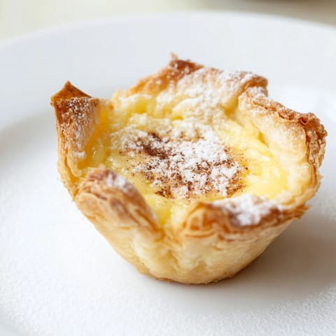 Golden-crusted Portuguese egg tarts, each with creamy custard filling, ready to enjoy as a sweet dessert.