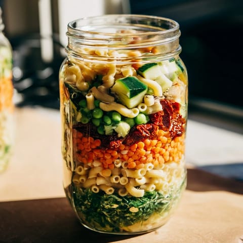 Vibrant layers of diced carrots, peas, and spinach in a mason jar for an easy, make-ahead Minestrone Soup.  