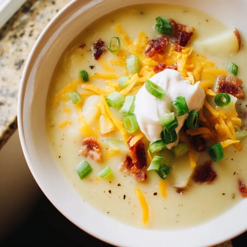A ladle of rich, cheesy loaded baked potato soup topped with crispy bacon and green onions.  