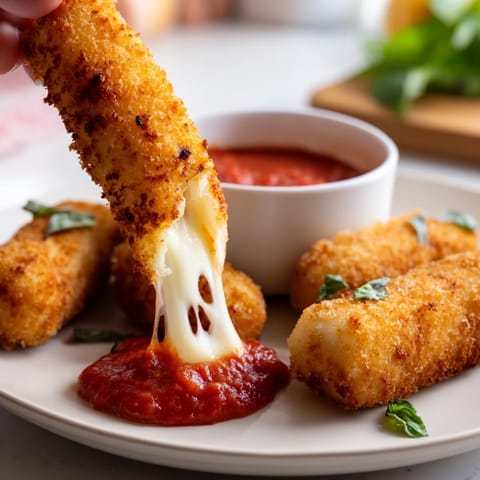 Golden, crispy air fryer mozzarella sticks with gooey melted cheese pull, served with warm marinara.