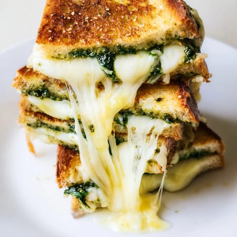 Fresh spinach pesto grilled cheese sandwich on a rustic wooden board, served with a side salad and a warm bowl of tomato soup.