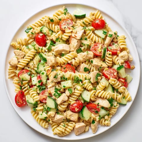 Bright Honey Mustard Chicken Pasta Salad with crisp cucumbers, cherry tomatoes, and red bell peppers, garnished with fresh parsley on a rustic table.