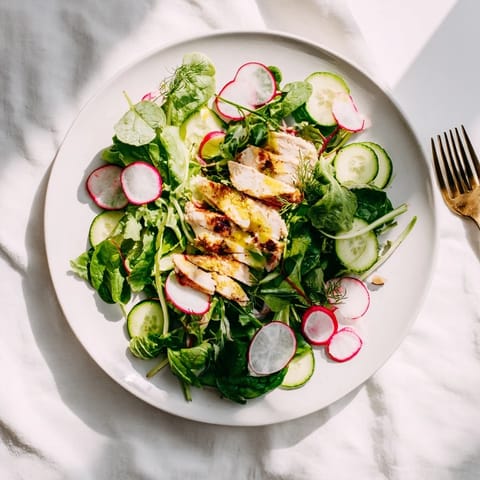 A vibrant Spring Detox Chicken Salad featuring tender grilled chicken slices atop a bed of mixed greens and vegetables.