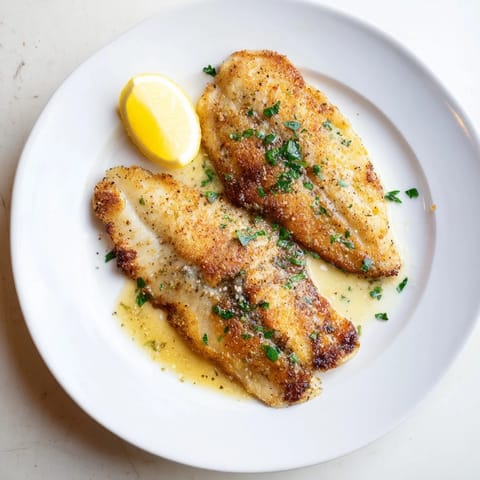 Golden-brown flounder meunière fillets topped with fresh parsley and a lemon-brown butter sauce, served on a white plate.