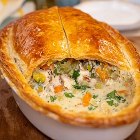 Golden, flaky pastry crowns a bubbling filling of tender chicken, smoky bacon, and caramelized leeks in a creamy herb sauce.
