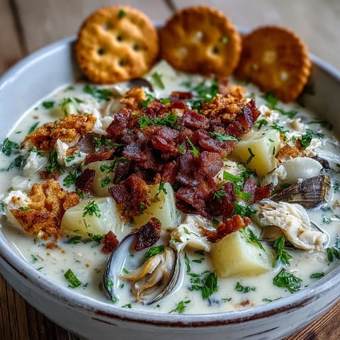 A hearty New England Clam Chowder simmering with diced potatoes, celery, and chopped clams, served steaming hot.