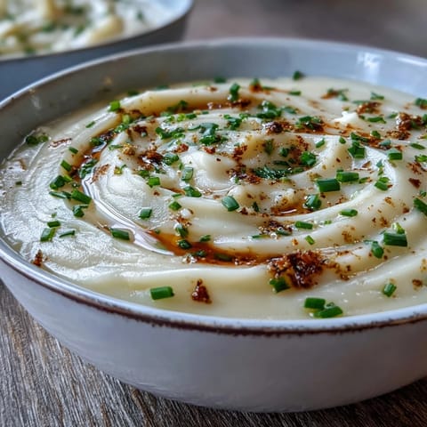 Creamy, velvety Cream of Potato Soup topped with chives and bacon, served hot from the pot.