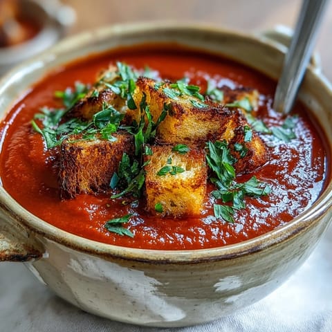 Roasted Red Pepper Soup With Crispy Croutons