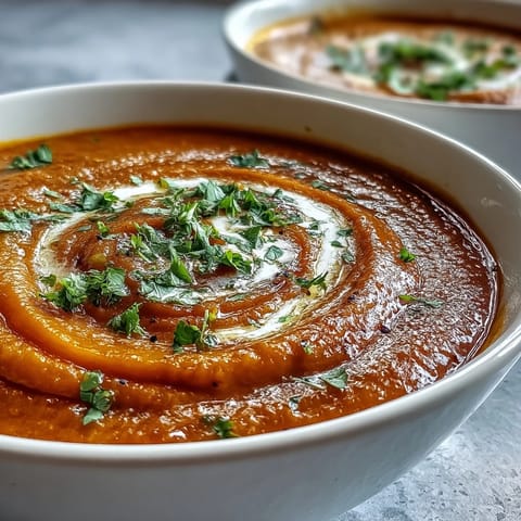 A warm bowl of Carrot and Lentil Soup, garnished with fresh herbs and a creamy swirl.
