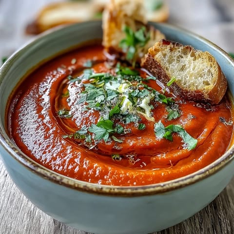 Vibrant Roasted Red Pepper Soup in a rustic bowl, swirled with creamy crème fraîche and fresh cilantro, ready to enjoy with crusty bread.