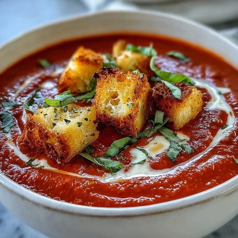 Creamy Roasted Tomato Soup finished with a cream swirl, served alongside grilled cheese for a cozy lunch.