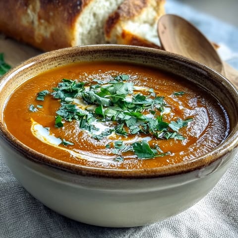 A bowl of creamy Carrot Ginger Soup with a coconut milk swirl and fresh cilantro garnish, served alongside crusty bread.