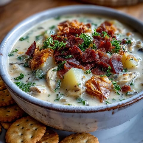 Creamy New England Clam Chowder in a rustic bowl, topped with fresh parsley and bacon bits alongside oyster crackers.