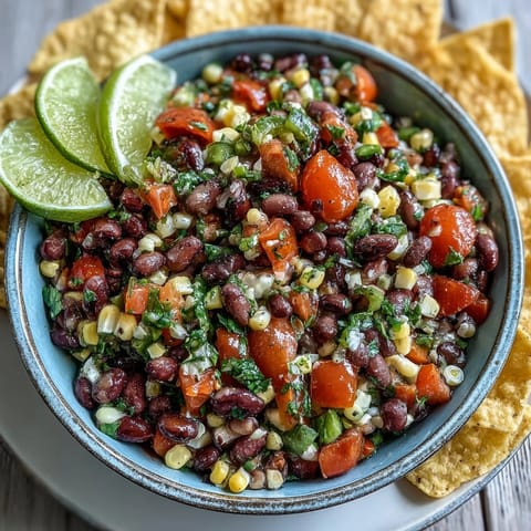 Homemade Cowboy Caviar served with crispy tortilla chips for dipping, a perfect Tex-Mex party appetizer or healthy snack.
