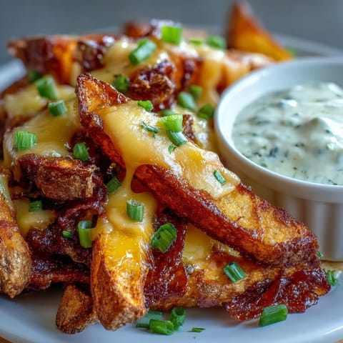 Cheesy BBQ Fries with Ranch Dip served hot with smoky seasoning and bubbly cheese on a rustic wooden table.  