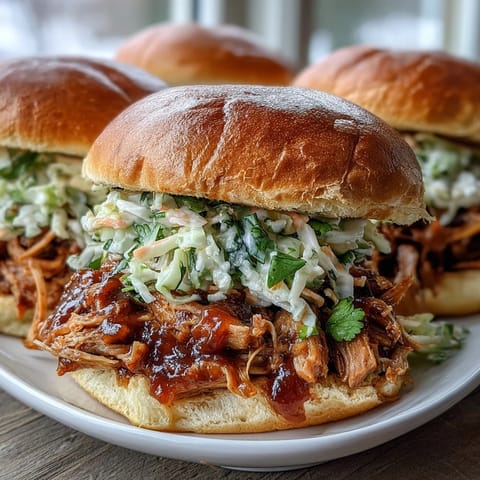Tender shredded pork simmered in spiced applesauce and cider, piled high on a toasted bun with coleslaw.  