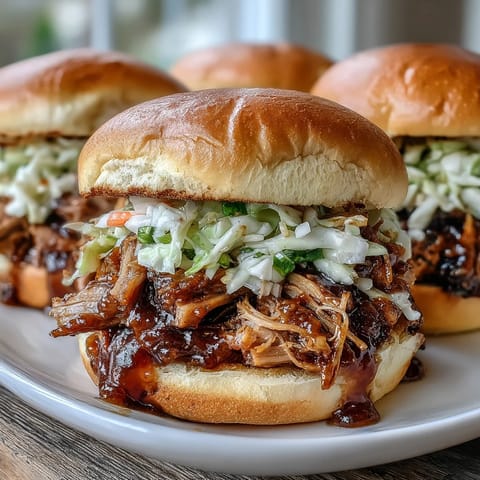Heaping serving of homemade Applesauce Pulled Pork Sandwiches, slow-cooked until juicy and topped with tangy barbecue sauce.  