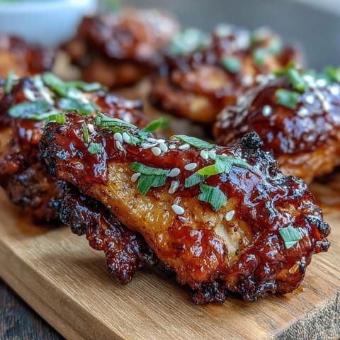 Savory Coca Cola Chicken Wings simmering in a skillet, spooning extra sticky glaze over the wings.