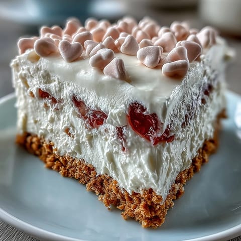 Candy Hearts Fake Cake slice reveals silky cheesecake filling on a golden graham cracker crust.