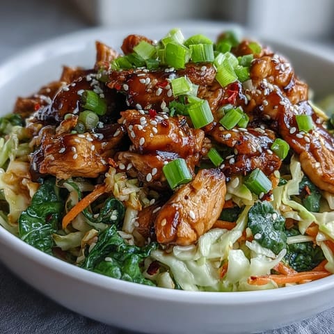 Steaming Egg Roll Bowls with Chicken and Cabbage showcase caramelized onions, fresh ginger, crunchy cabbage, and carrots topped with scallions and sesame seeds.