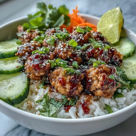 Sizzling ground turkey coated in creamy bang bang sauce sits atop fluffy rice, with crisp carrots, cucumbers, and cabbage, sesame seeds, and scallions in a vibrant bowl.