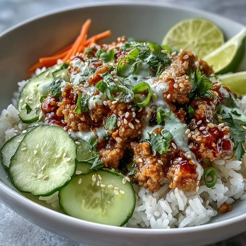A close-up of Bang Bang Ground Turkey Rice Bowls with colorful shredded veggies, a drizzle of spicy mayo sauce, and fresh cilantro garnish, ready for dinner.