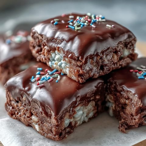 Chocolate Covered Rice Krispy Treats cut into neat squares, with glossy melted chocolate, rainbow sprinkles, and crispy marshmallow layers visible.