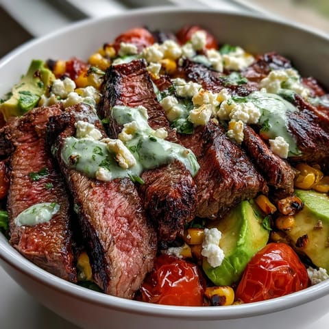 Steak, Avocado, and Roasted Corn Bowl with Cilantro Cream Sauce highlights tender beef, fresh tomatoes, and a vibrant green topping.