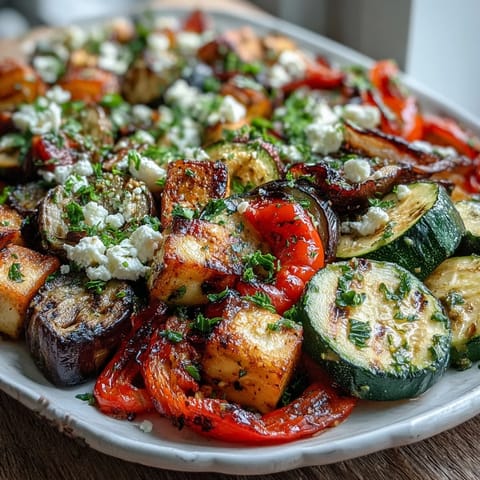 Roasted Mediterranean Greek Vegetables bubbling on a baking sheet, with caramelized peppers and eggplant edges.