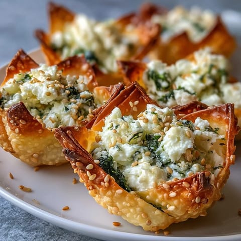 A plate of warm Mediterranean Spinach and Feta Cheese Crisps garnished with sesame seeds, perfect for a party platter or savory snack.