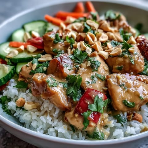 Thai Peanut Chicken Bowl with tender chicken and coconut rice topped with fresh veggies and creamy sauce.