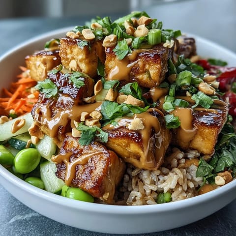 Golden-brown crispy tofu cubes rest atop fluffy brown rice in a vibrant Peanut Tofu Power Bowl, surrounded by colorful vegetables.