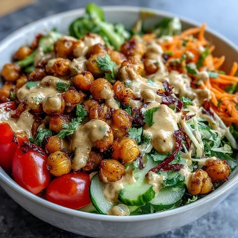 Roasted chickpeas and fresh veggies shine in this vibrant Peanut Chickpea Protein Bowl, drizzled with creamy peanut sauce.