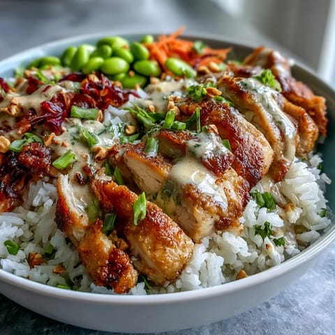 Sliced grilled chicken rests on fluffy coconut rice with cucumbers, edamame, and a drizzle of peanut sauce.