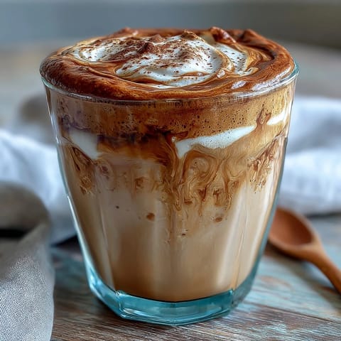 Hojicha Cappuccino in a white ceramic mug, topped with creamy foam and a light dusting of hojicha powder.