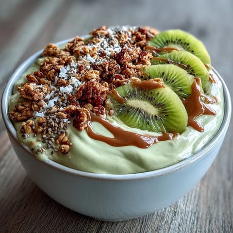 Creamy hojicha smoothie bowl topped with granola, fresh berries, and sliced kiwi on a marble counter.