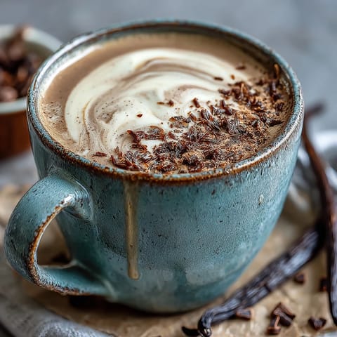 Steaming mug of Hojicha Latte with Vanilla Extract, topped with delicate foam, ready to sip cozy and warm.