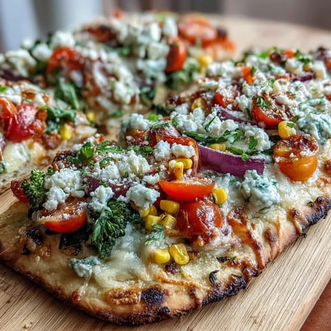 Vibrant St. Patrick's Day rainbow veggie flatbread pizza with colorful vegetables arranged in a festive arc on naan, topped with melted mozzarella and feta cheese.
