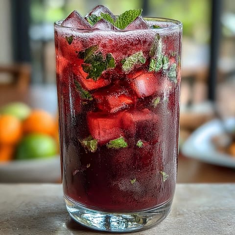 Vibrant watermelon lime punch topped with mint leaves and lime slices, served chilled in a clear glass pitcher.