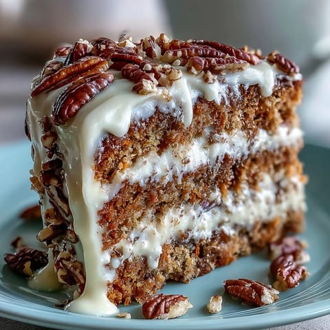 Moist carrot and walnut spring layer cake with tangy cream cheese frosting, garnished with chopped walnuts and edible flowers.