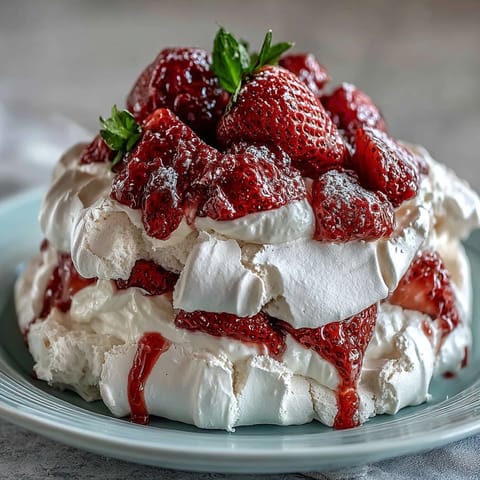 Light, crisp meringue shells topped with whipped cream and juicy strawberries, ideal for festive dessert platters.