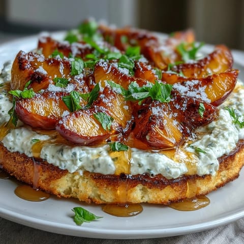 Sweet and savory spring brunch toast with burrata, fresh peach slices, and a drizzle of golden honey.