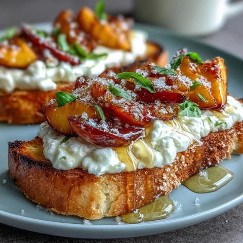 Golden honey peach burrata toast with juicy ripe peaches and creamy cheese on rustic sourdough bread.