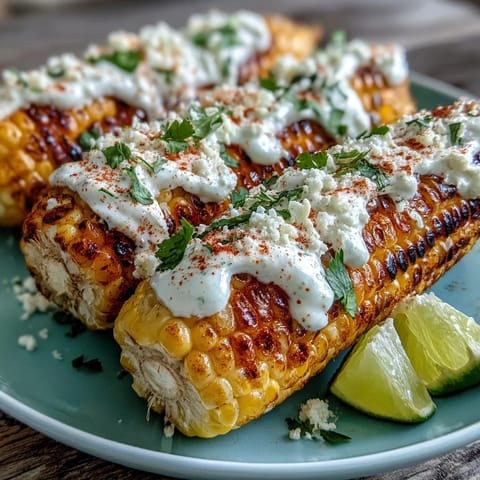 Creamy Mexican-style corn on the cob topped with Cotija cheese and chili powder, served with fresh cilantro and lime wedges.  