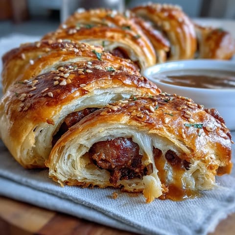 Golden, flaky crescent-wrapped cocktail sausages served with tangy honey Dijon dipping sauce for a perfect game day appetizer.