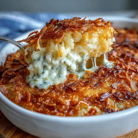 Creamy cheesy hash brown casserole with golden cornflake topping in a baking dish, perfect for Easter dinner.