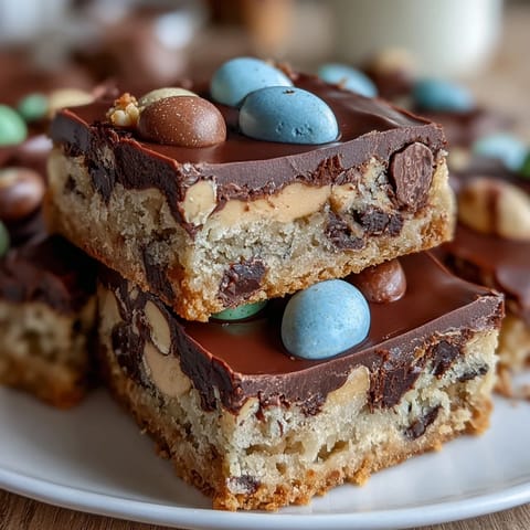 Soft, chewy peanut butter Easter egg cookie bars with colorful candy eggs baked to golden perfection.