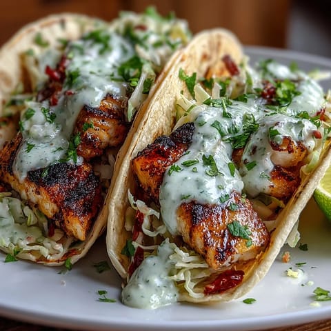 Zesty coconut lime grilled fish tacos with crunchy cabbage slaw and tangy crema, served on warm tortillas for a fresh summer meal.