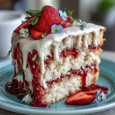 Floral drip cake with strawberry frosting, white chocolate glaze, and fresh edible flowers on top.